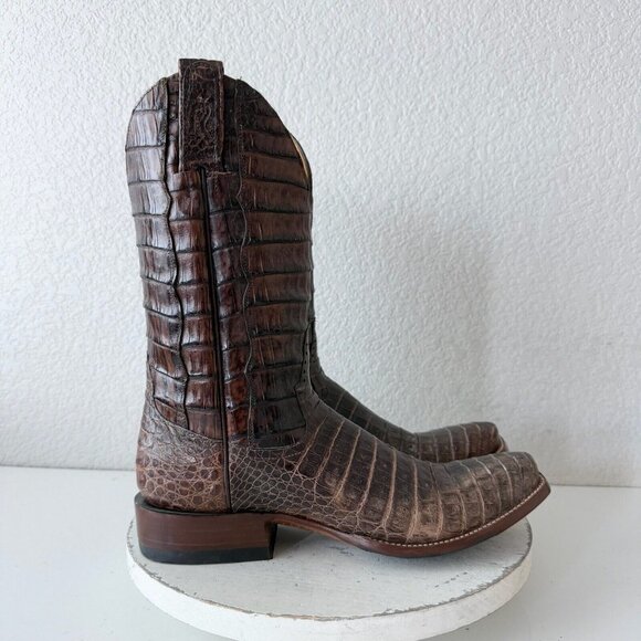 NEW Rod Patrick Mens Cowboy Boots 12 AAAA Brown Caiman Leather Western Blunt Toe - Picture 2 of 12